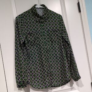 Jade Melody Tam Green and Blue Patterned Long sleeve Blouse Geo Design XS